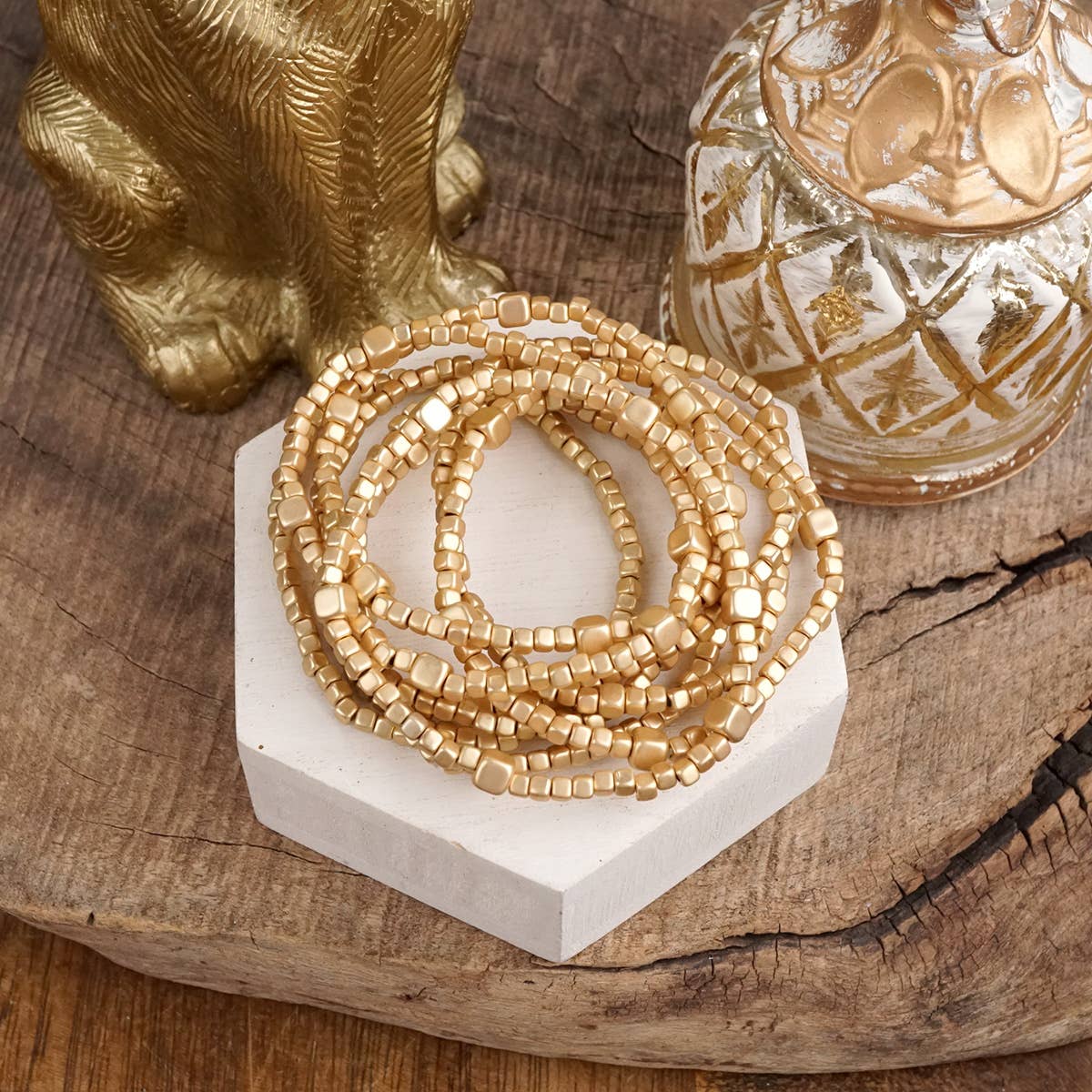 Beaded Bracelet Set Cube Beads Gold Tone