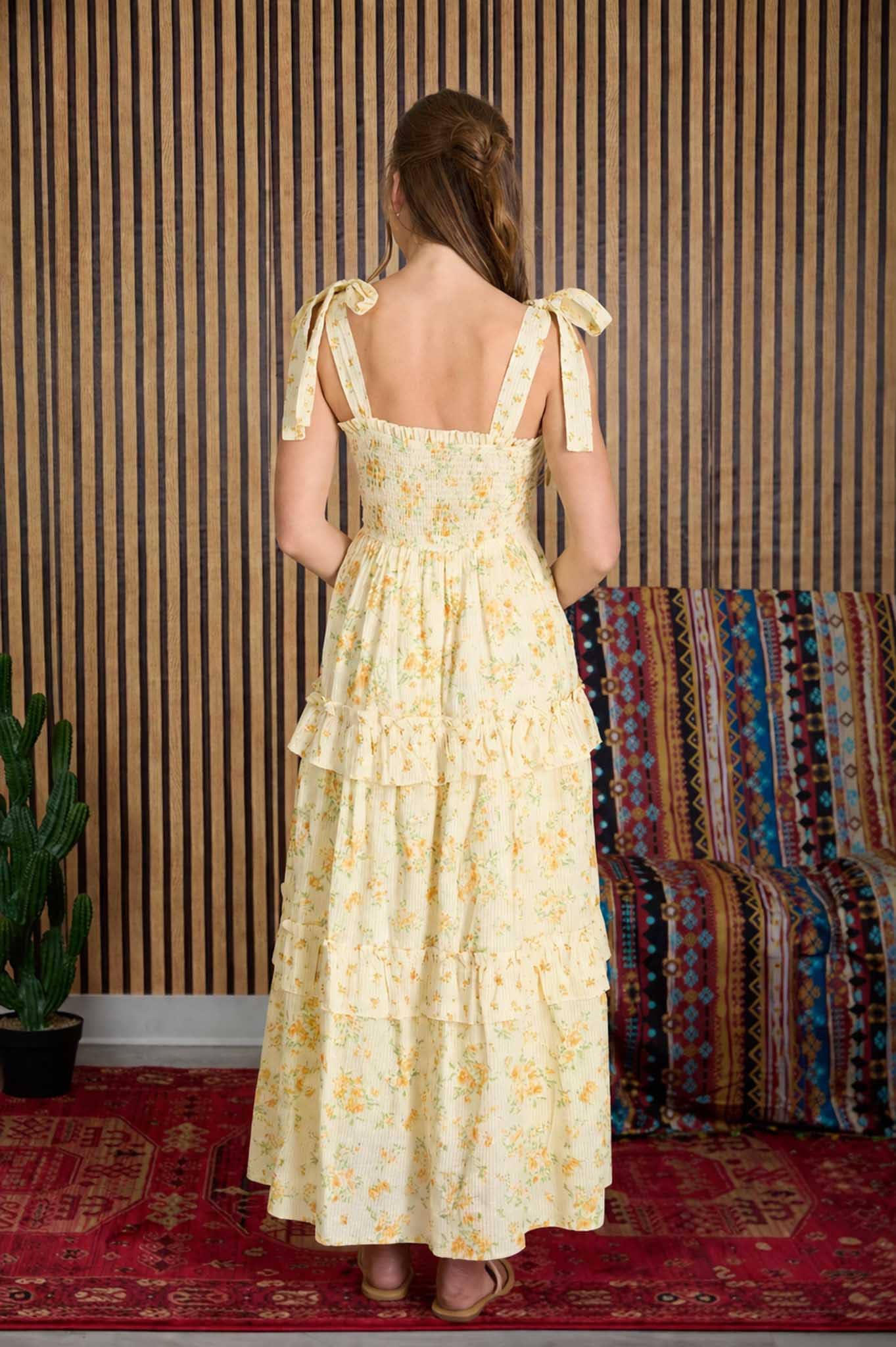 FLORAL SWEETHEART SMOCKED RUFFLE DETAIL MIDI DRESS