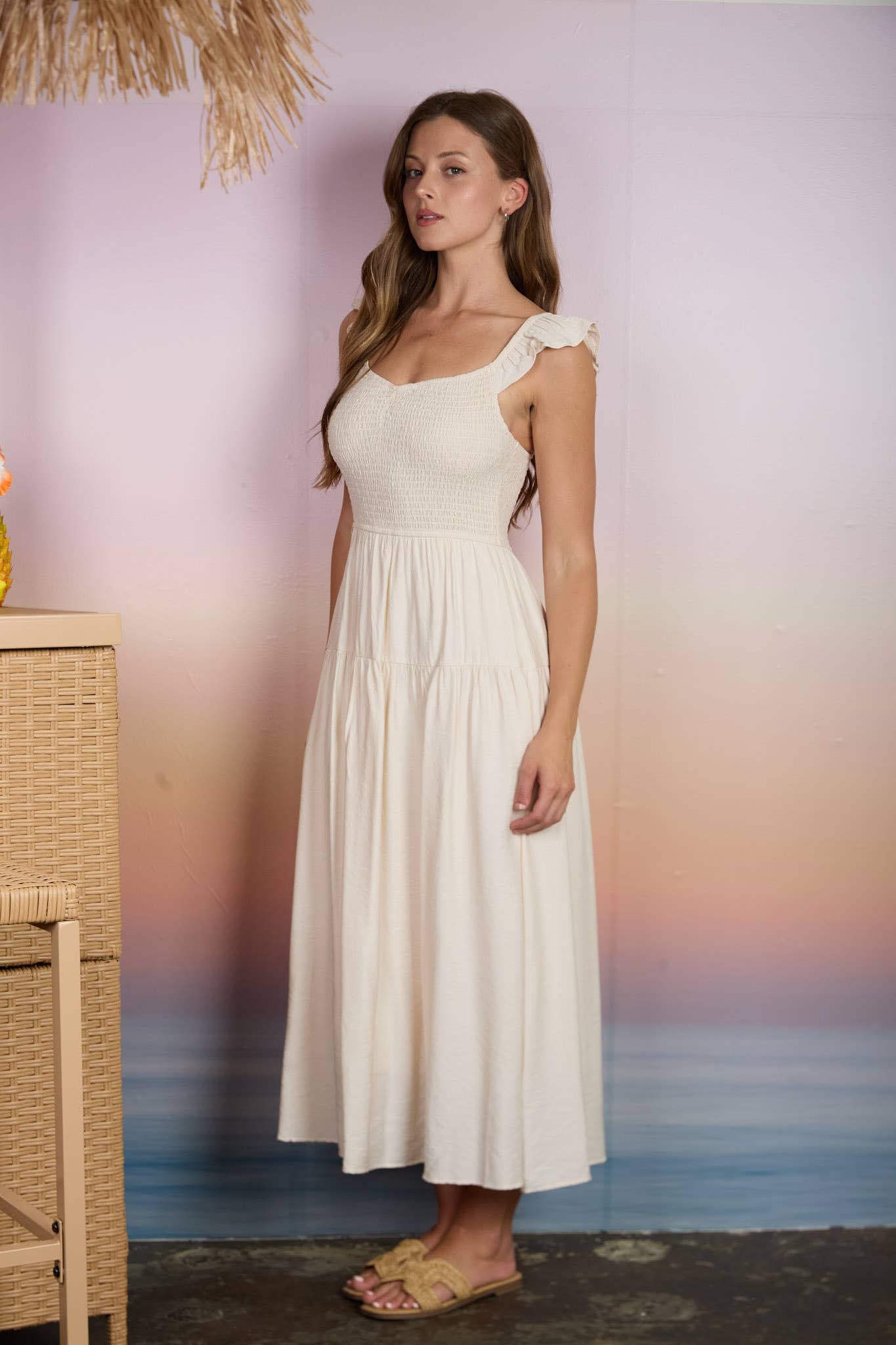SMOCKED RUFFLE SLEEVE MIDI DRESS