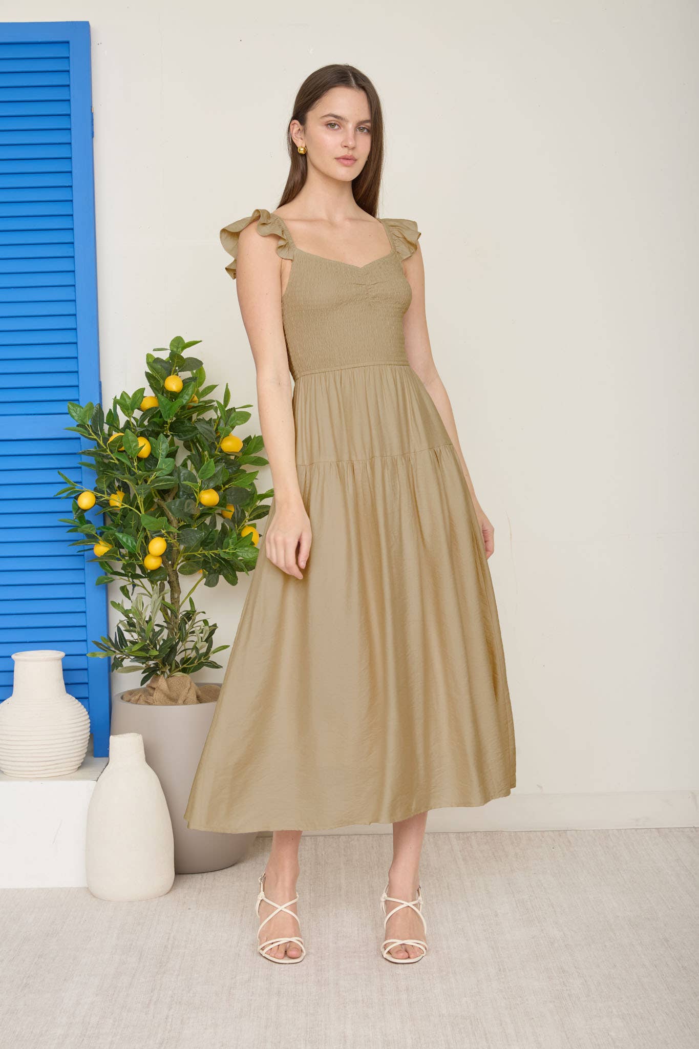 SMOCKED RUFFLE SLEEVE MIDI DRESS