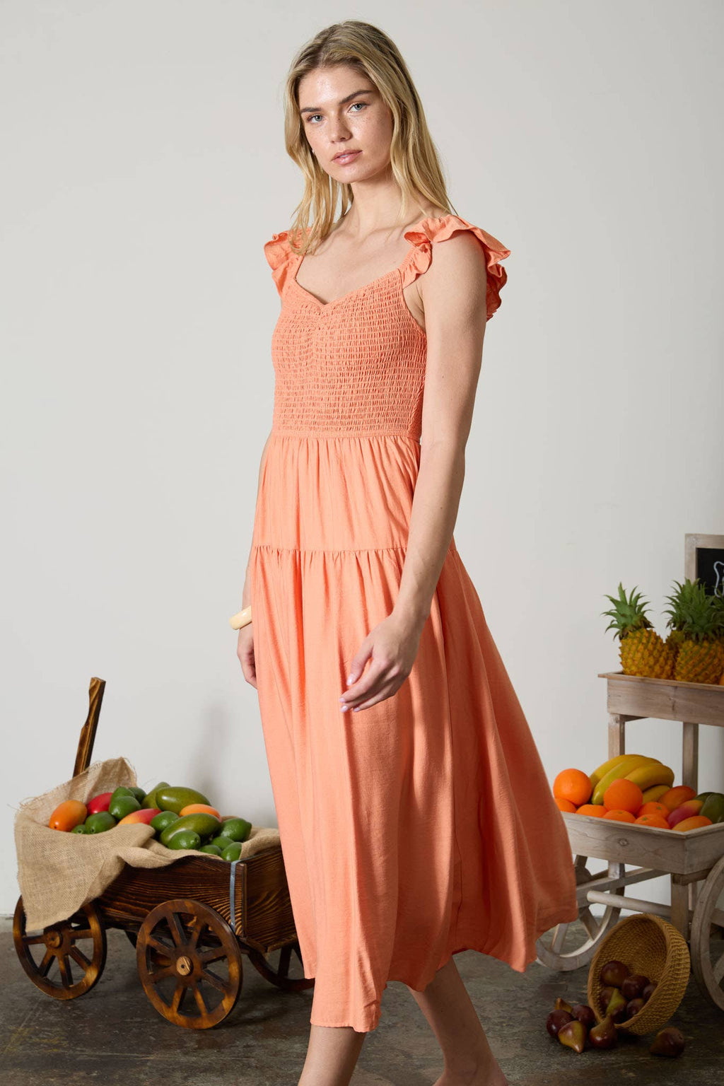 SMOCKED RUFFLE SLEEVE MIDI DRESS