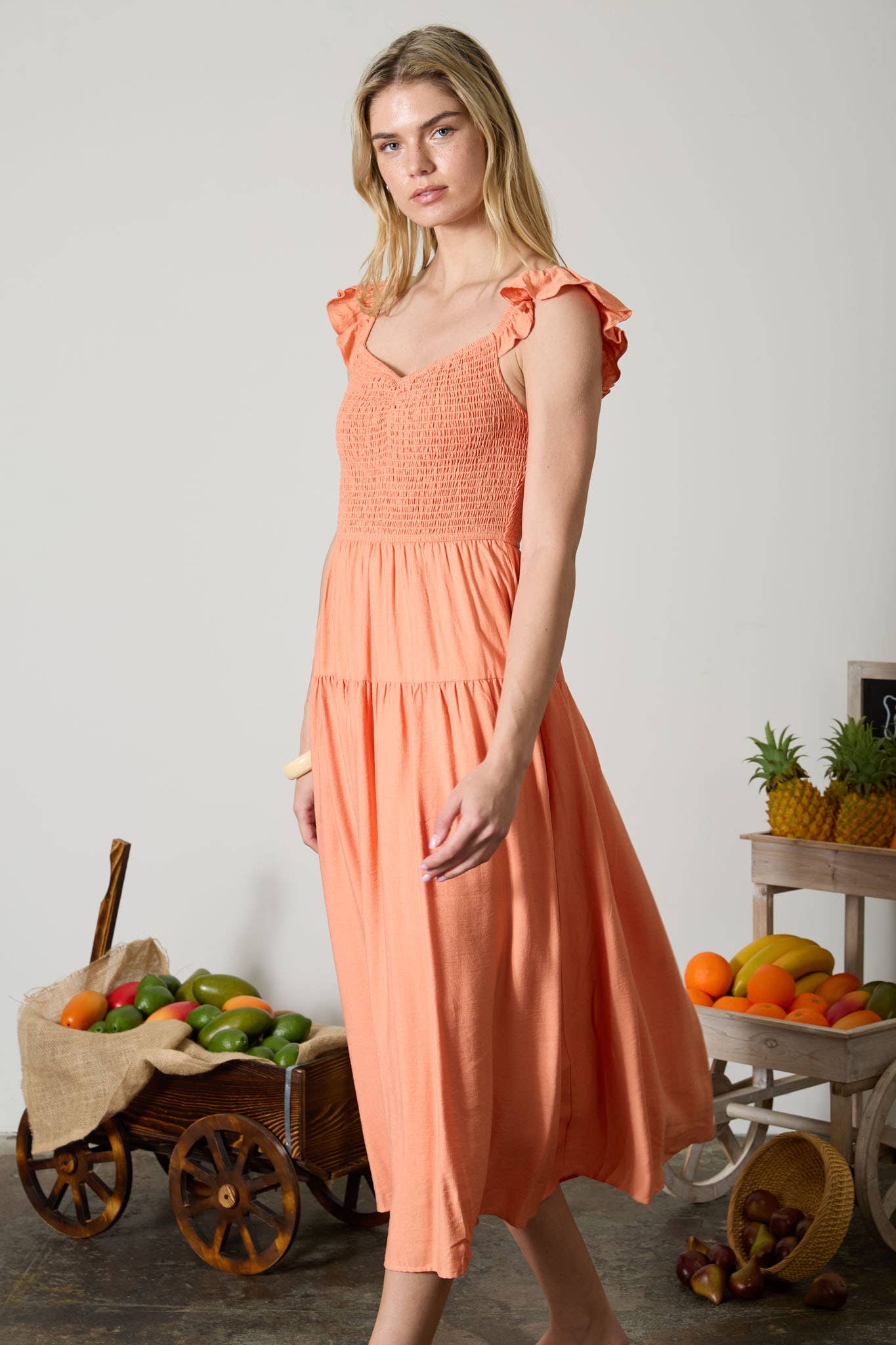 SMOCKED RUFFLE SLEEVE MIDI DRESS