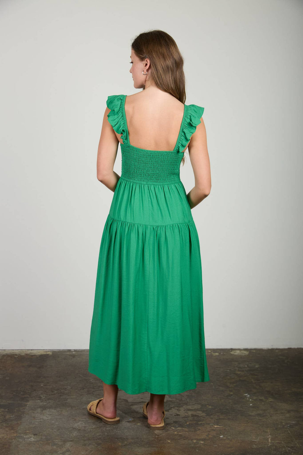 SMOCKED RUFFLE SLEEVE MIDI DRESS