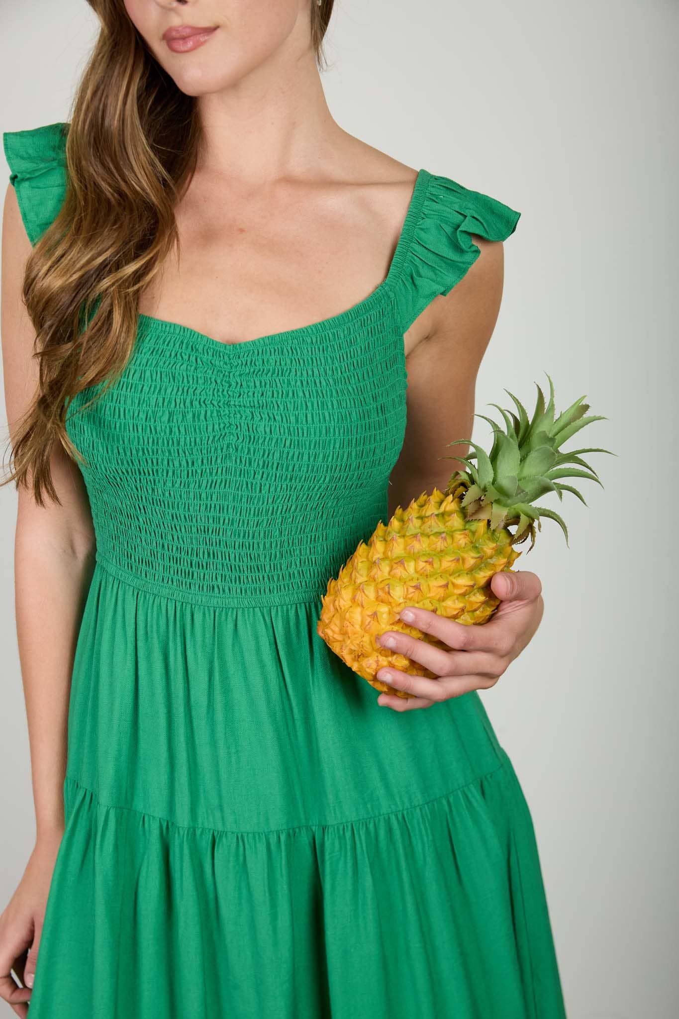 SMOCKED RUFFLE SLEEVE MIDI DRESS