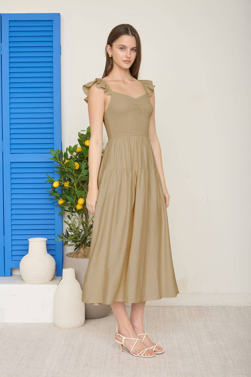 SMOCKED RUFFLE SLEEVE MIDI DRESS