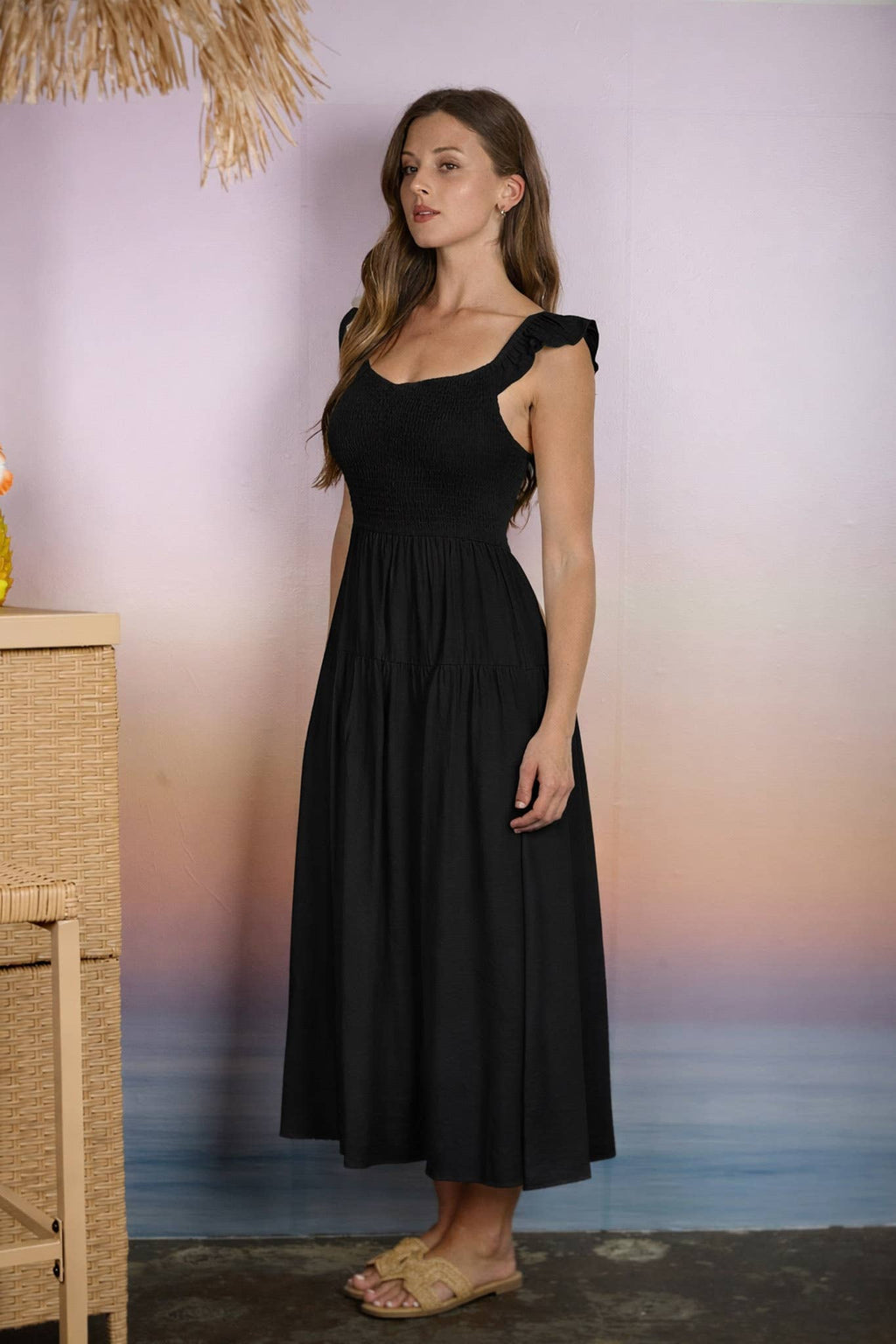 SMOCKED RUFFLE SLEEVE MIDI DRESS