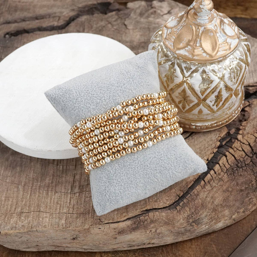 Golden Harmony – Set of 9 Stretchy Bracelets with Pearls and Gold Beads