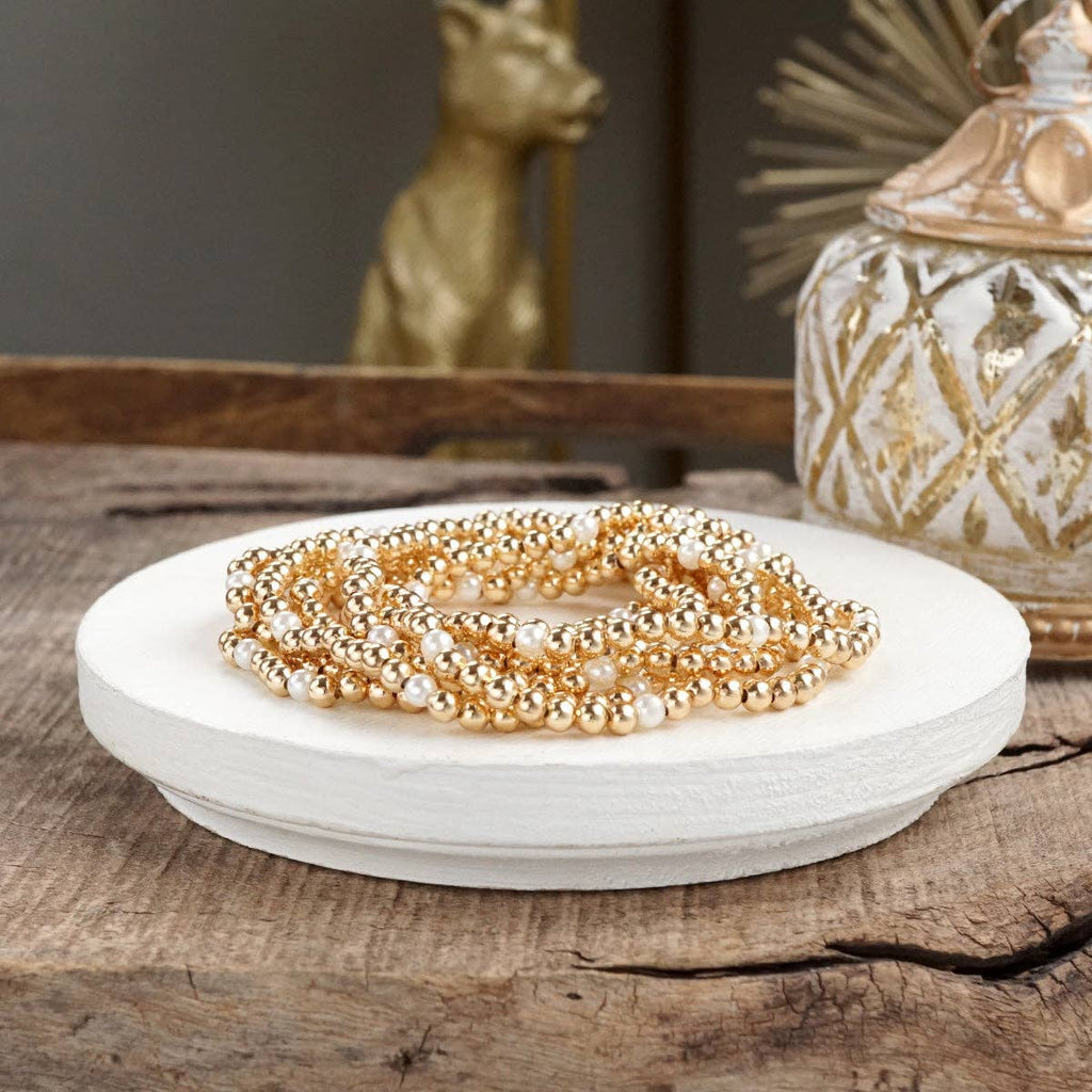 Golden Harmony – Set of 9 Stretchy Bracelets with Pearls and Gold Beads