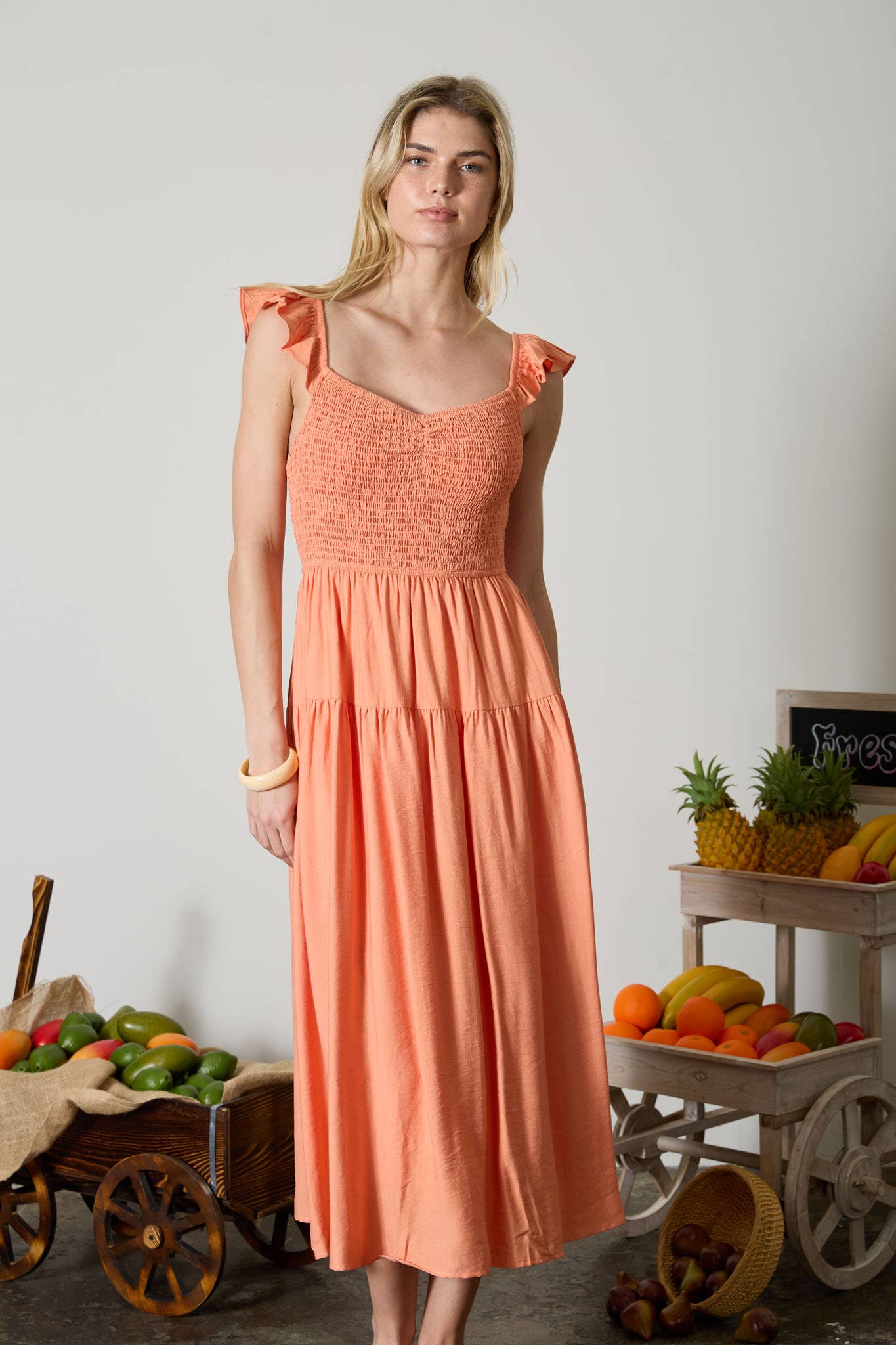 SMOCKED RUFFLE SLEEVE MIDI DRESS