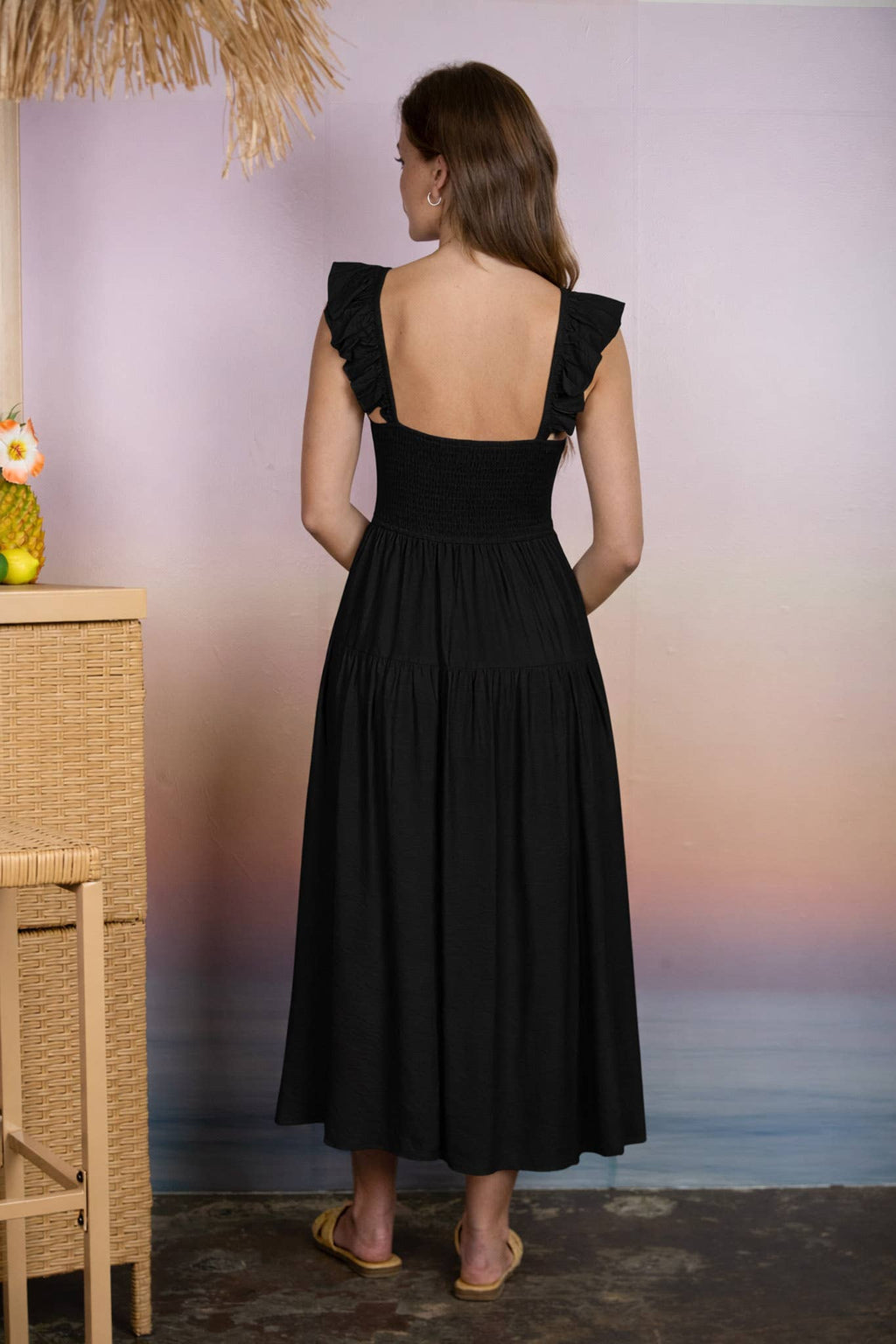 SMOCKED RUFFLE SLEEVE MIDI DRESS