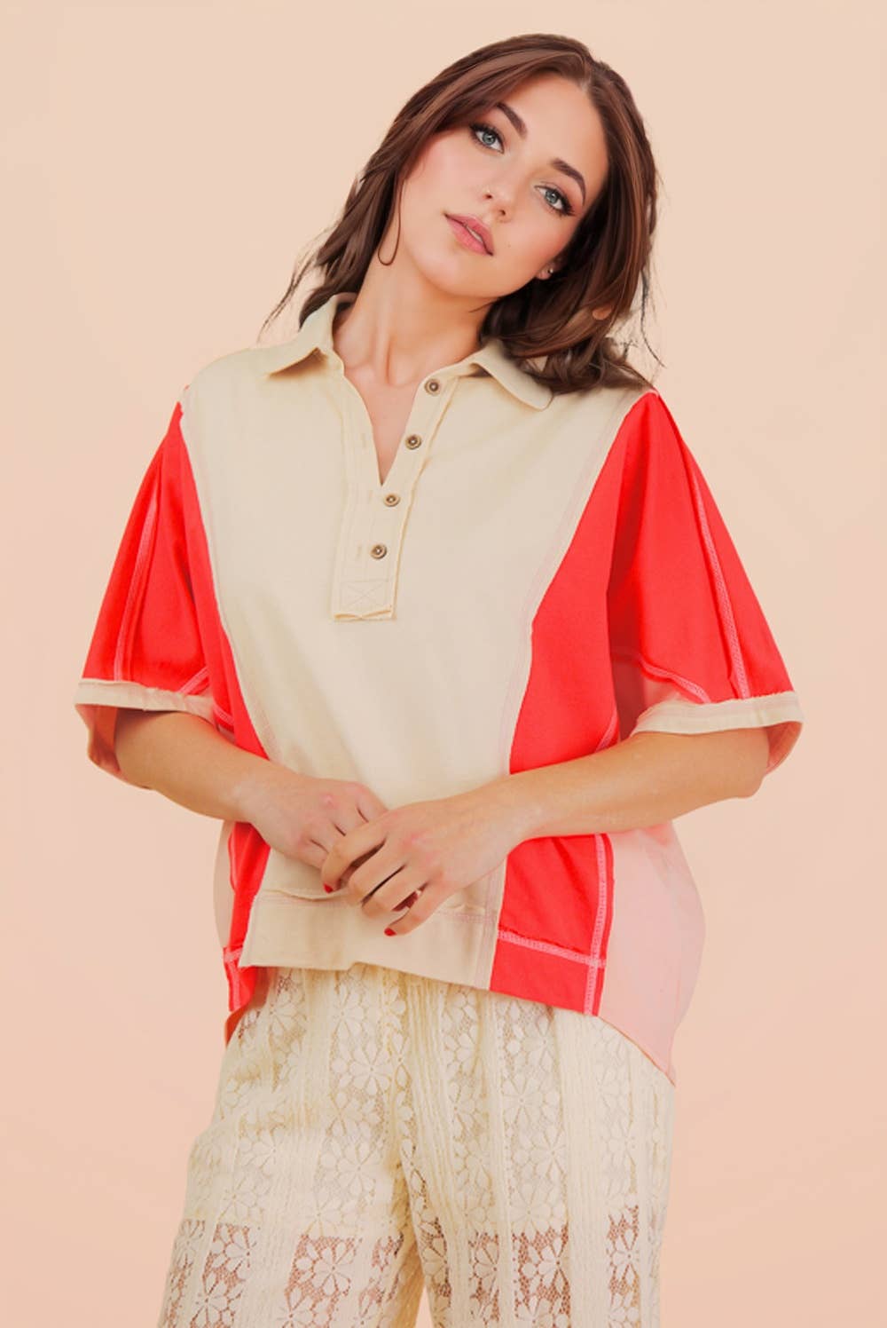 Oversized Dolman Sleeve Color Block Top