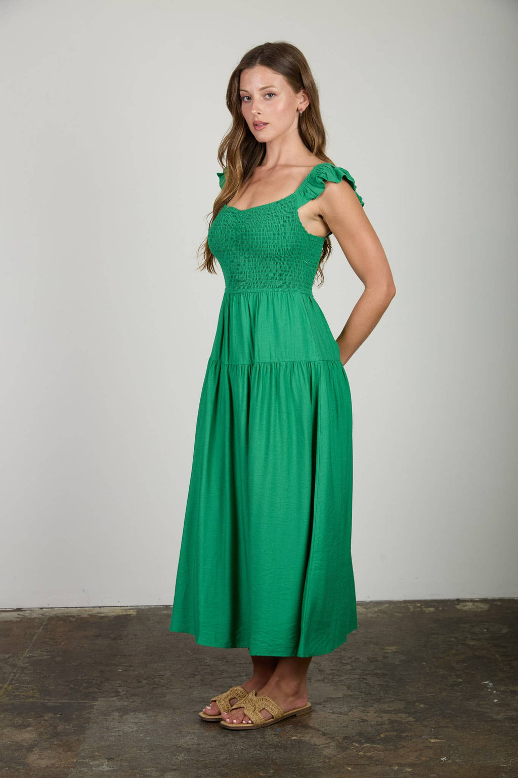 SMOCKED RUFFLE SLEEVE MIDI DRESS