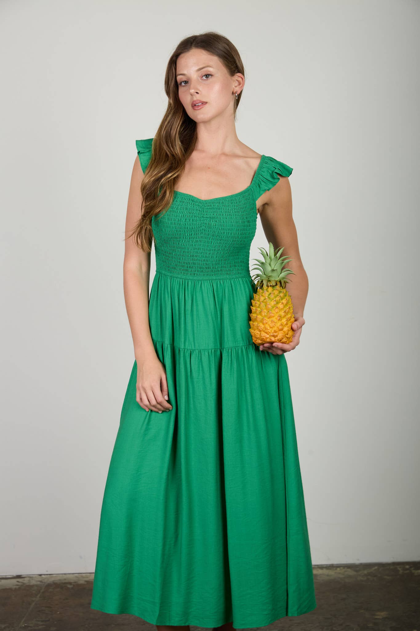 SMOCKED RUFFLE SLEEVE MIDI DRESS