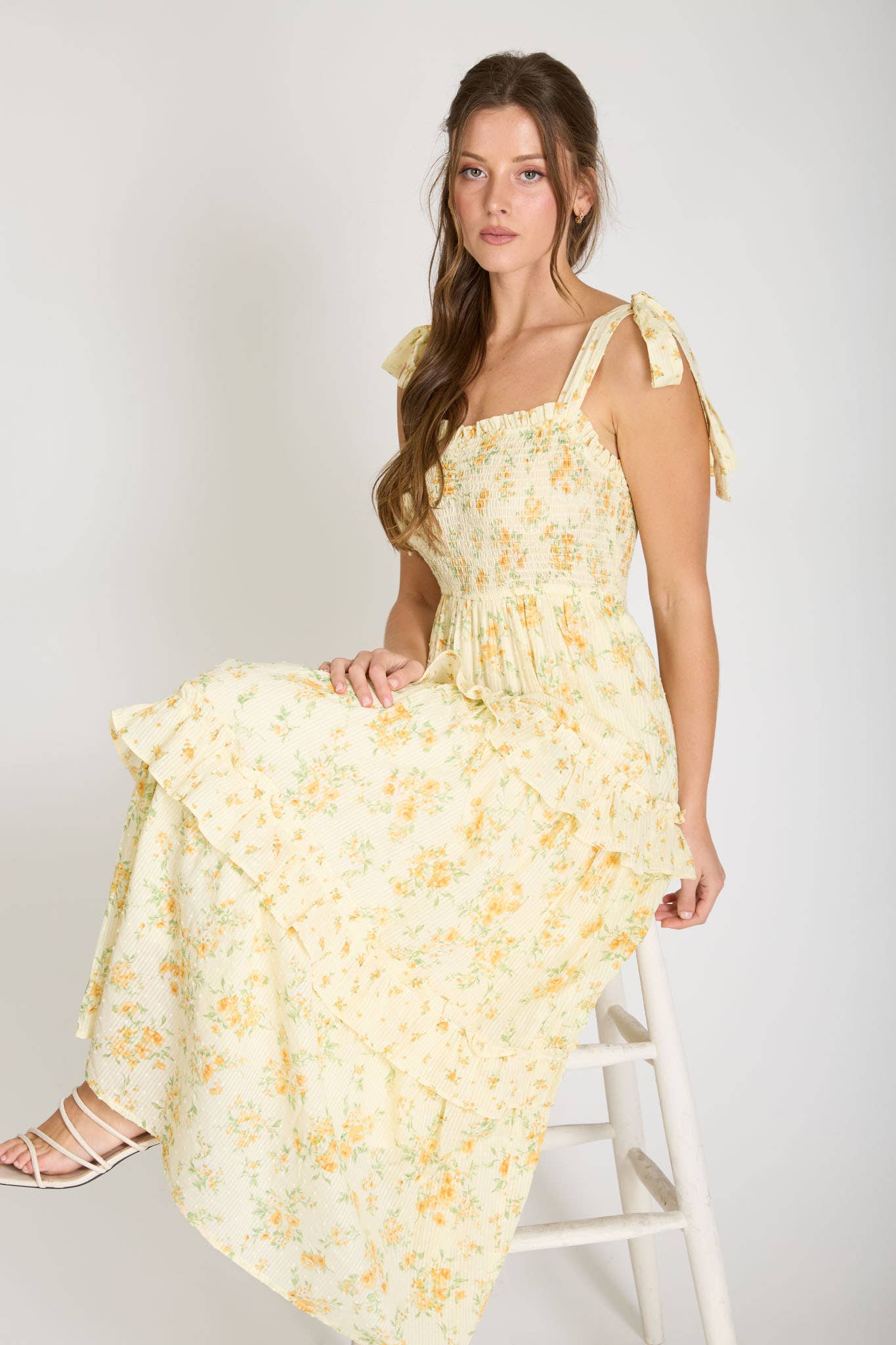 FLORAL SWEETHEART SMOCKED RUFFLE DETAIL MIDI DRESS