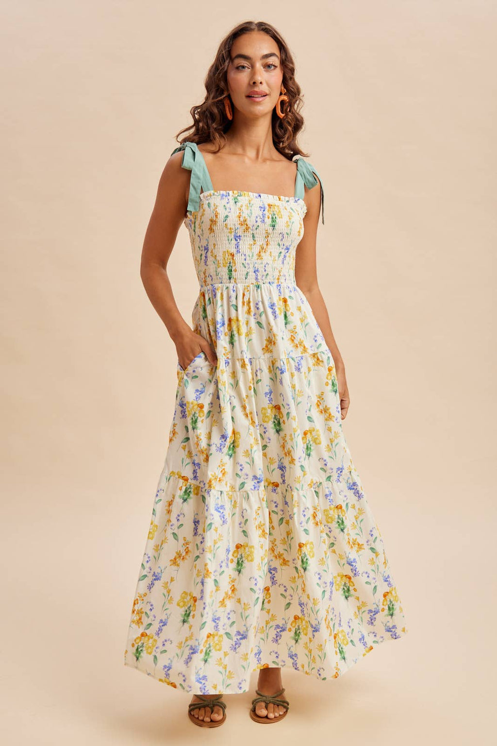 SMOCKED FLORAL MAXI DRESS