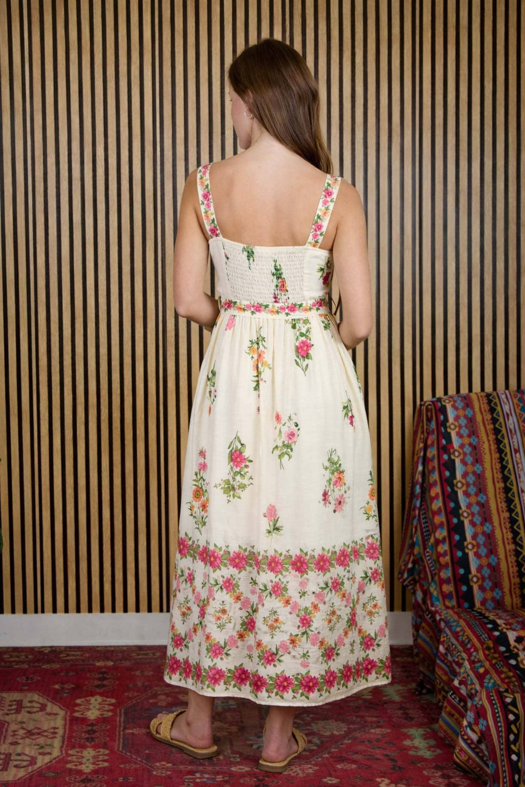 FLORAL BORDER PATTERN BELT STRAP MIDI DRESS