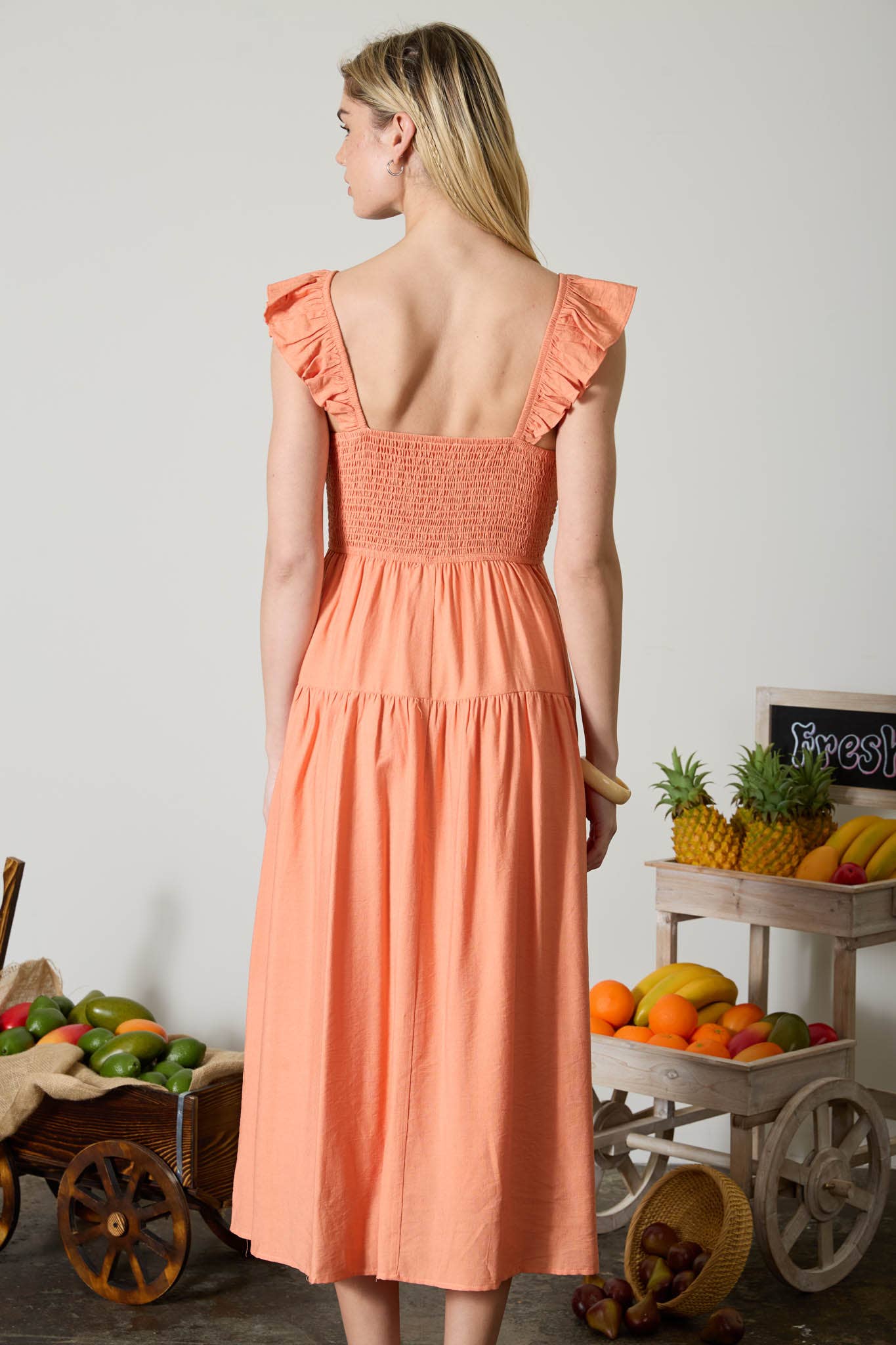 SMOCKED RUFFLE SLEEVE MIDI DRESS