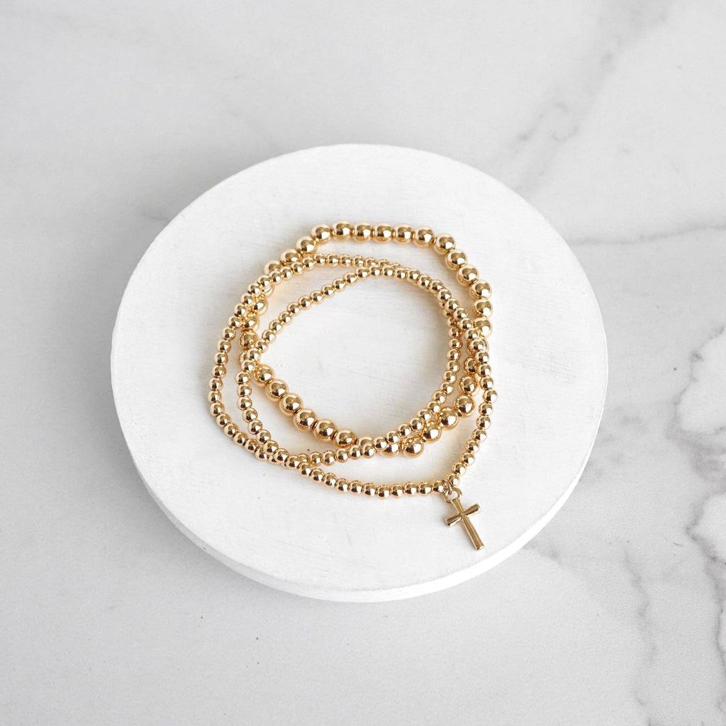 Minimal Cross charm Stretchy Bracelet Set in Gold tone with Ball Beads