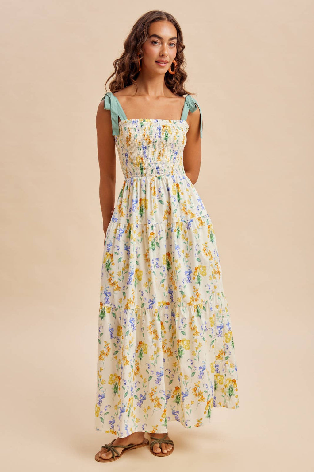 SMOCKED FLORAL MAXI DRESS
