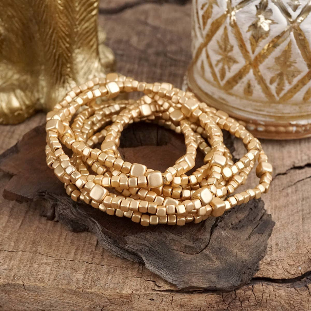 Beaded Bracelet Set Cube Beads Gold Tone