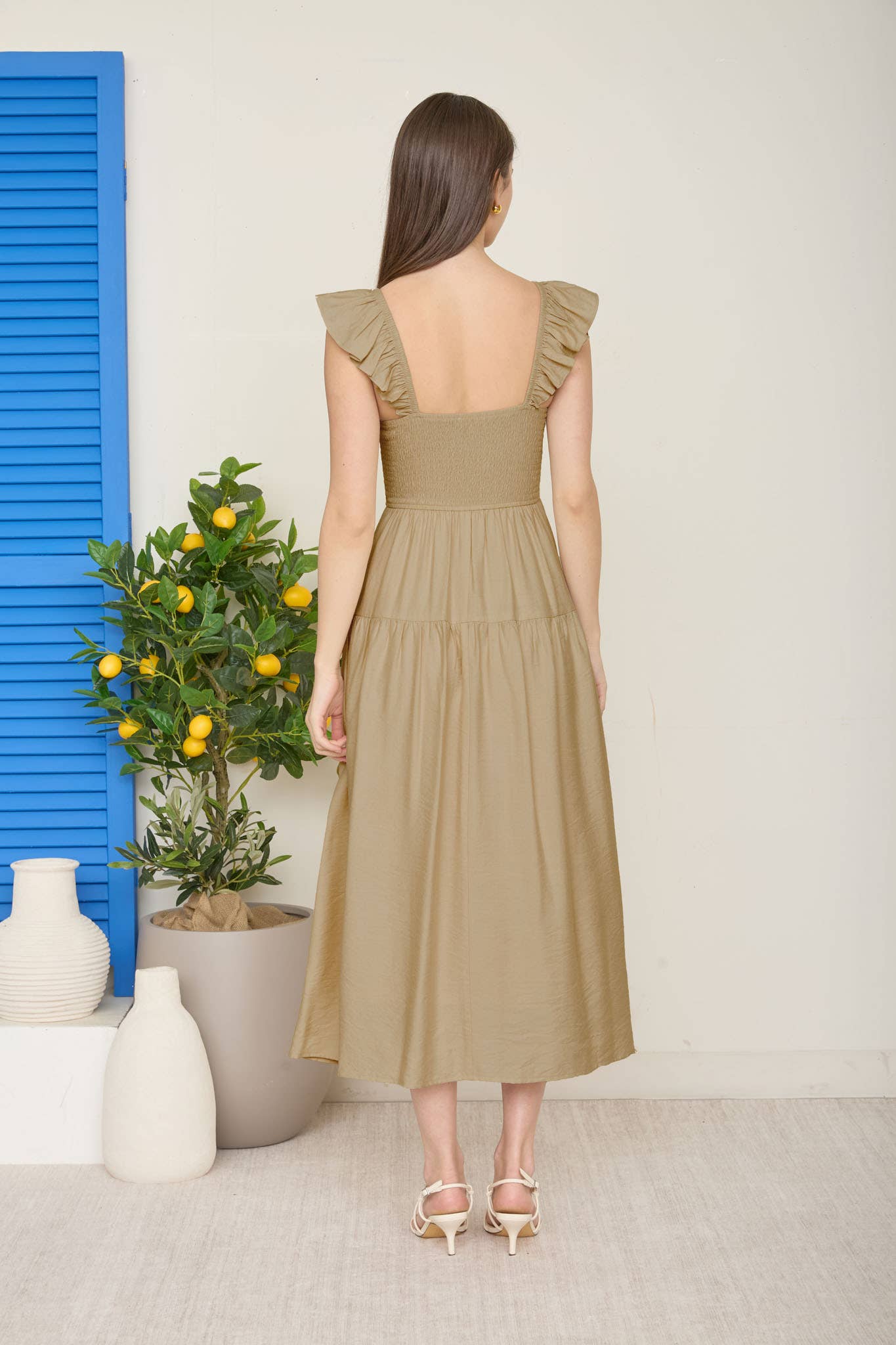 SMOCKED RUFFLE SLEEVE MIDI DRESS