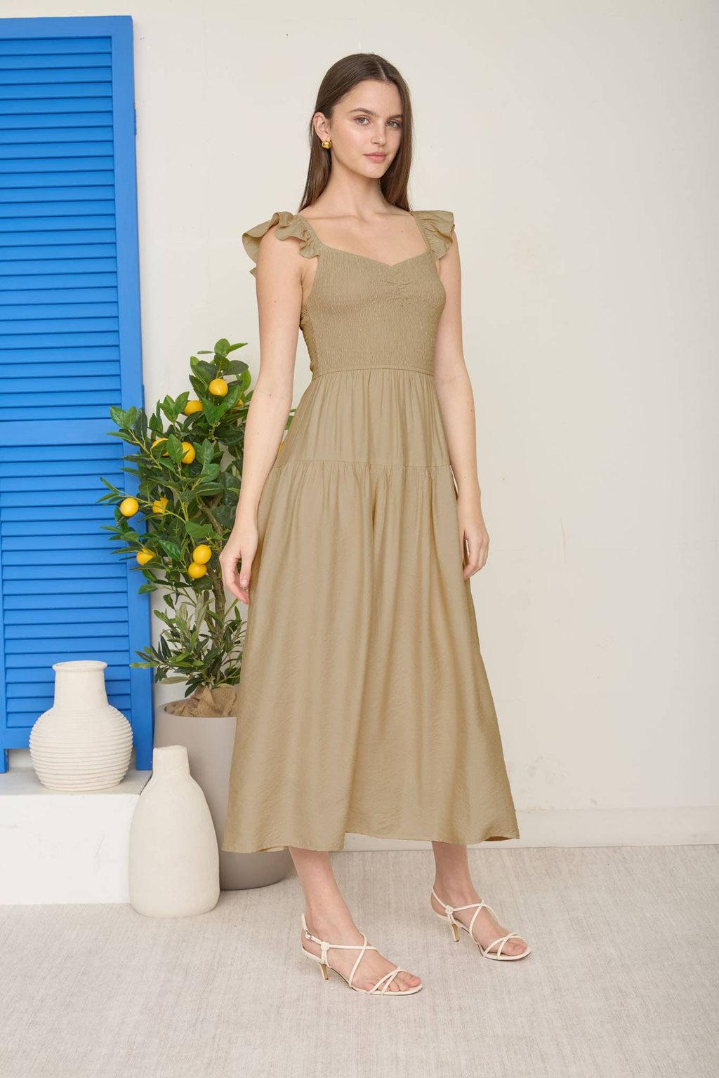 SMOCKED RUFFLE SLEEVE MIDI DRESS