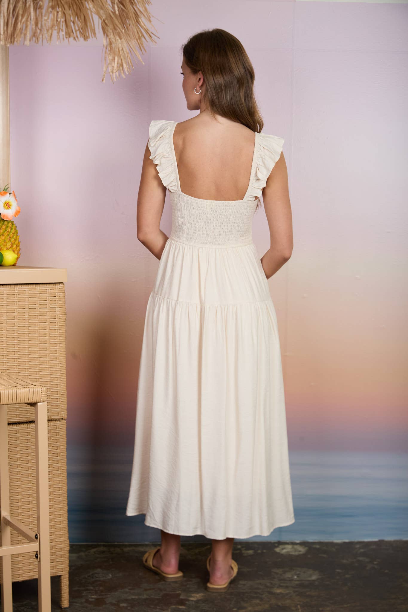 SMOCKED RUFFLE SLEEVE MIDI DRESS
