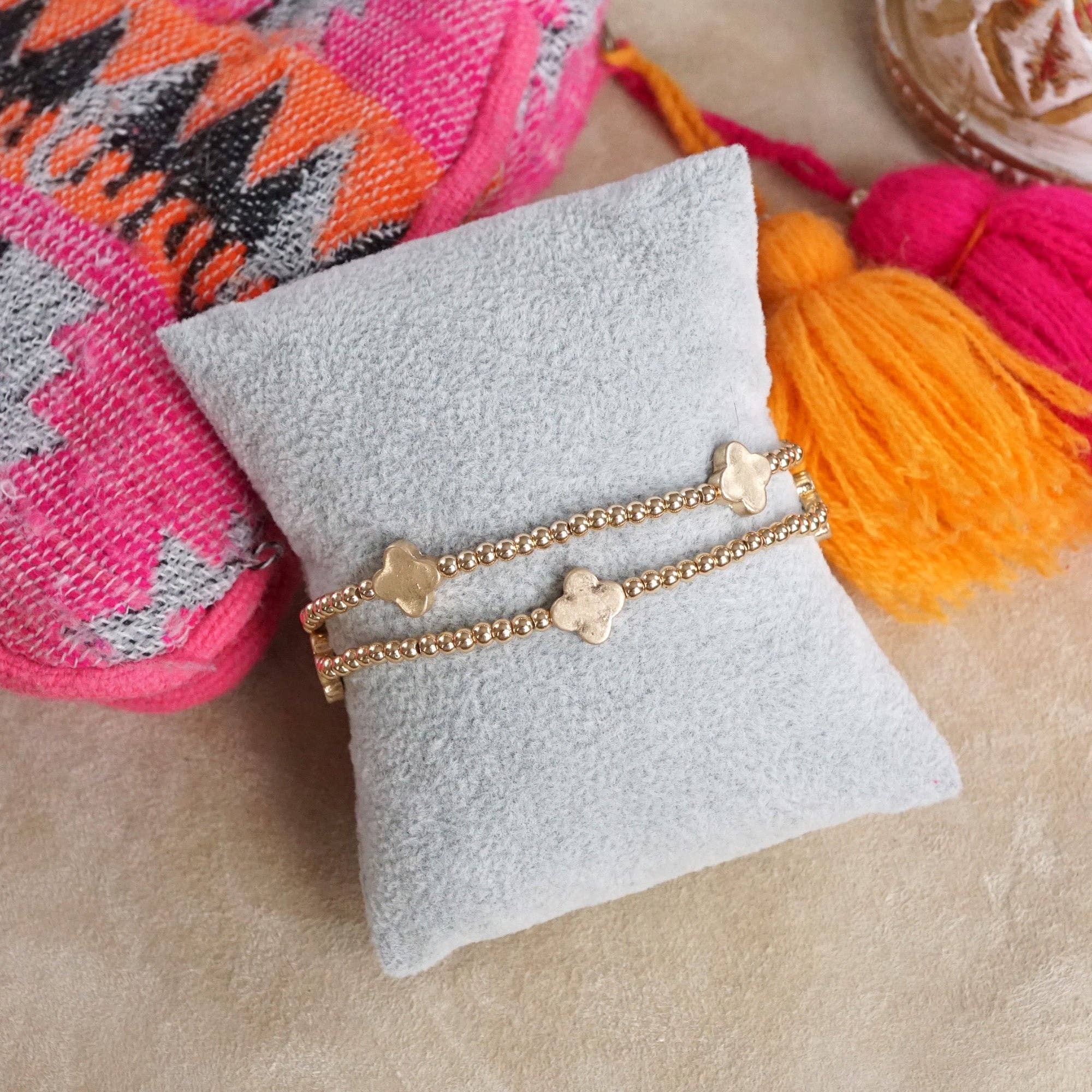 Clover and Tiny Ball Beads Bracelet Sets – Worn Gold or Silver Tone